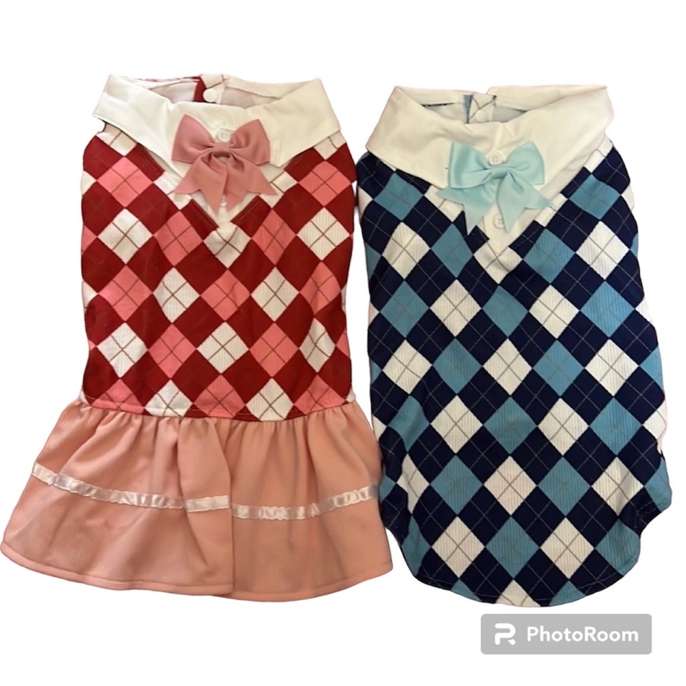 N WT 2 (Two) Pet Dog Cat Outfits XXL Plaid ruffle Dress and Plaid Bow shirt